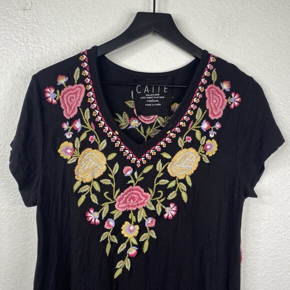 Caite Dress Women's Black Sz M Embroidered Floral Short Sleeves Boho Bloomcore - Picture 4 of 10